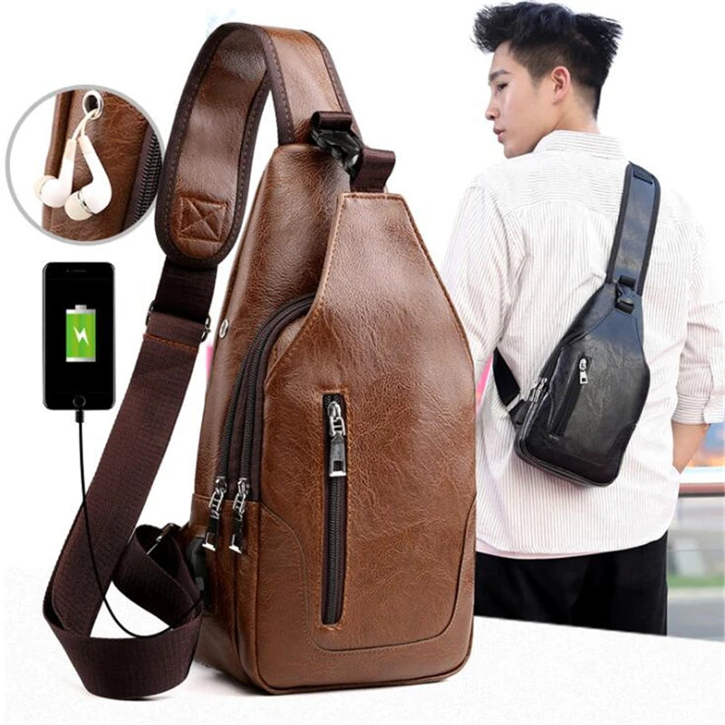 Men's vintage PU leather crossbody messenger bag in black — chest sling shoulder bag for business and casual wear