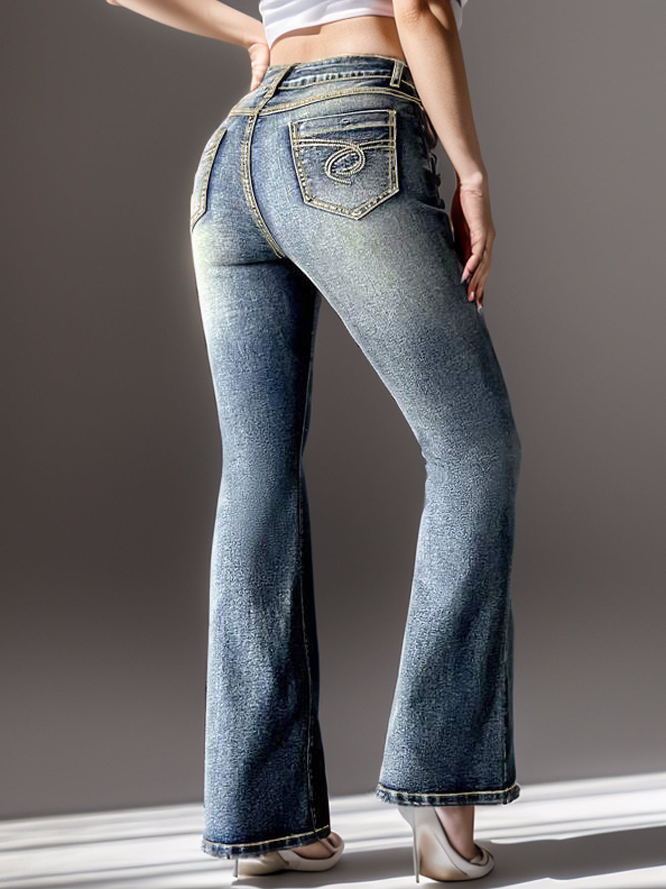 Women's Embroidered Bootcut Jeans – High-Waist Stretch Denim, Sea Blue