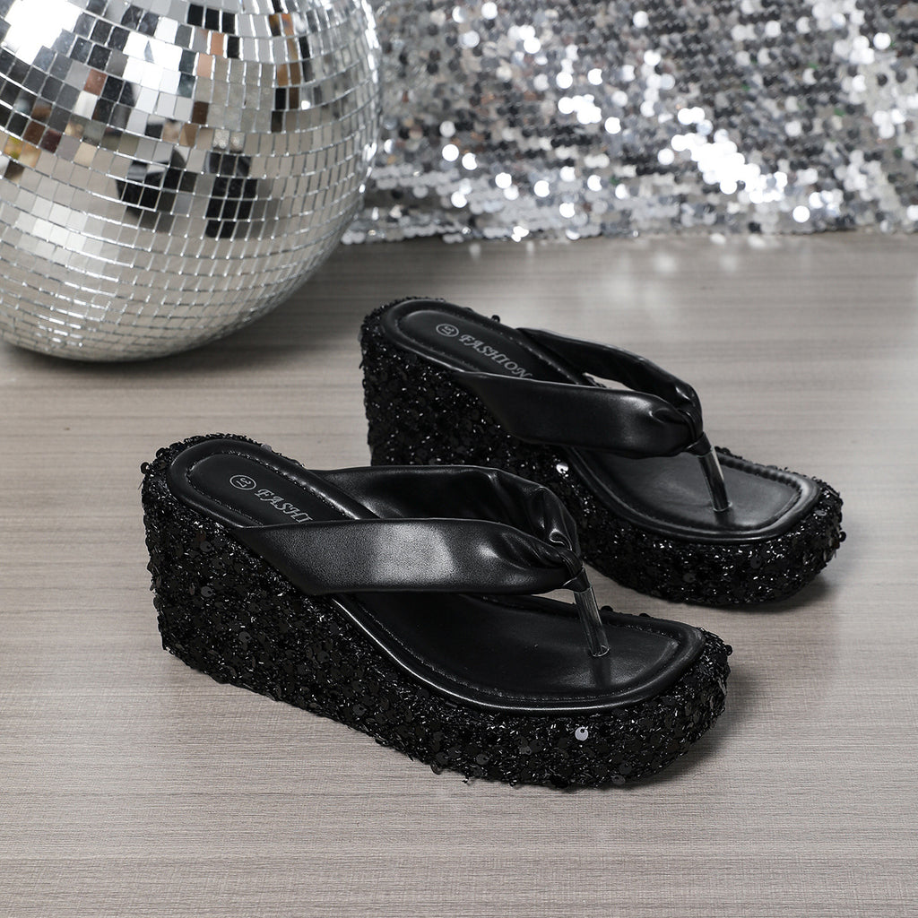 Women's Sequin Wedge Platform Flip-Flops – Shiny Height-Increasing Beach Sandals