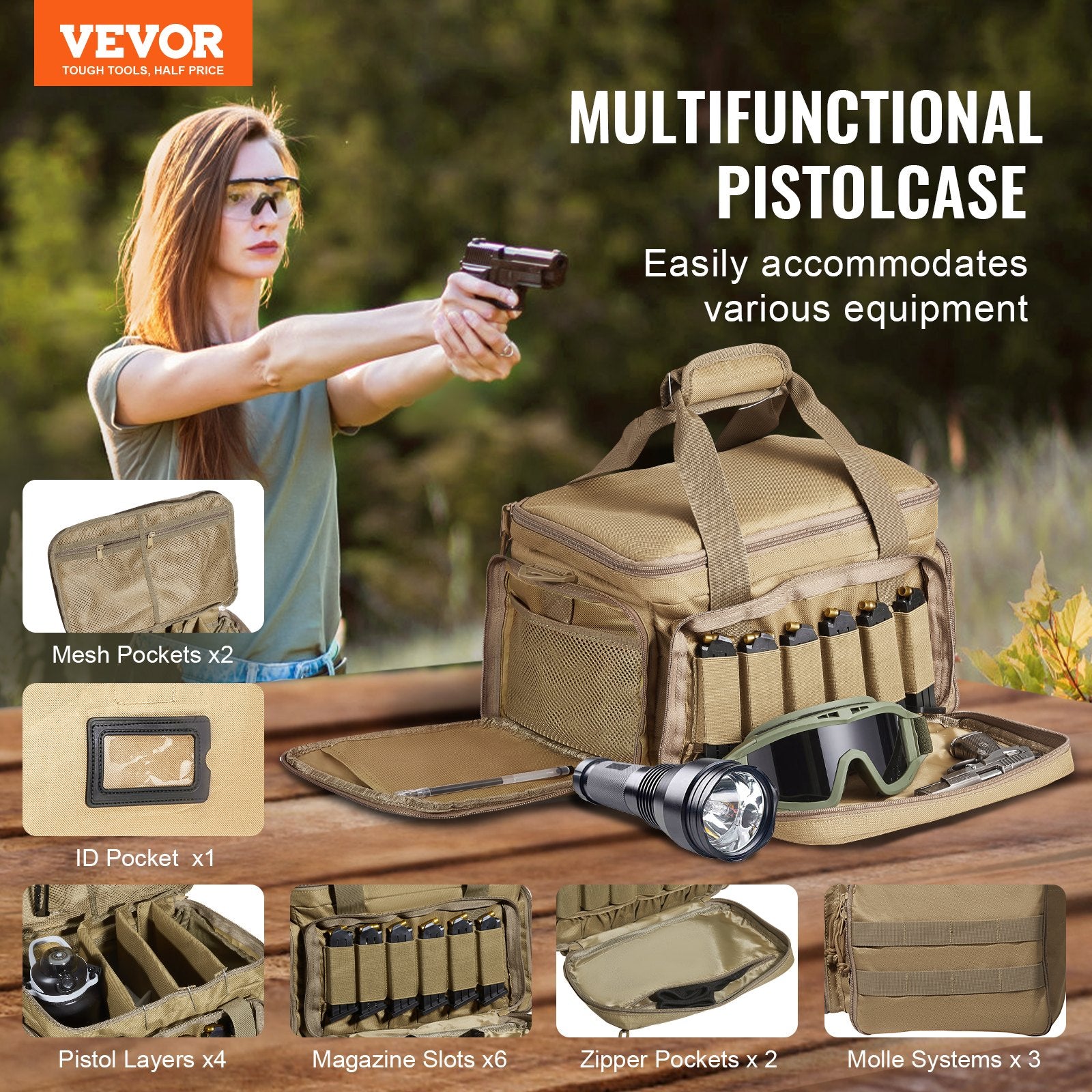 Brown tactical gun range bag for 4 pistols — Molle shoulder bag with removable dividers and 6 magazine slots for shooting and hunting