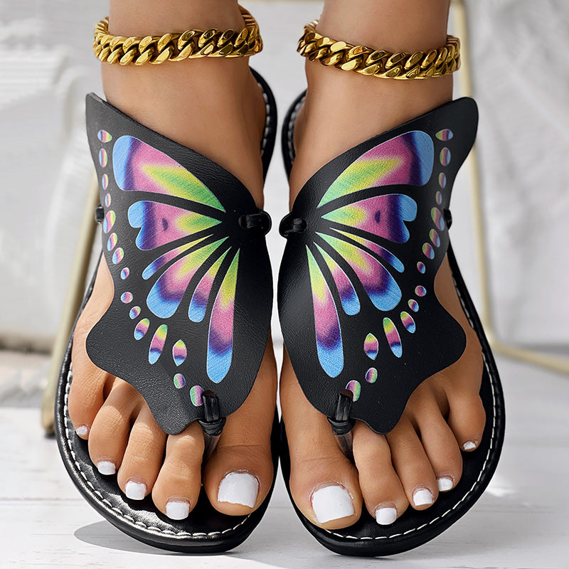 Schmetterlingsdruck Zehensteg-Flip-Flops mit runder Zehenkappe, Bequeme Sommer-Strandschuhe, Lässige Damenschuhe, Perfekt für Pool und Alltag