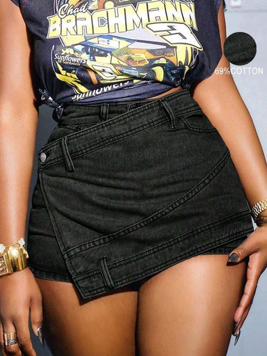 Damen Grunge Denim Skorts – Asymmetrischer Saum A-Linie Wickelrock