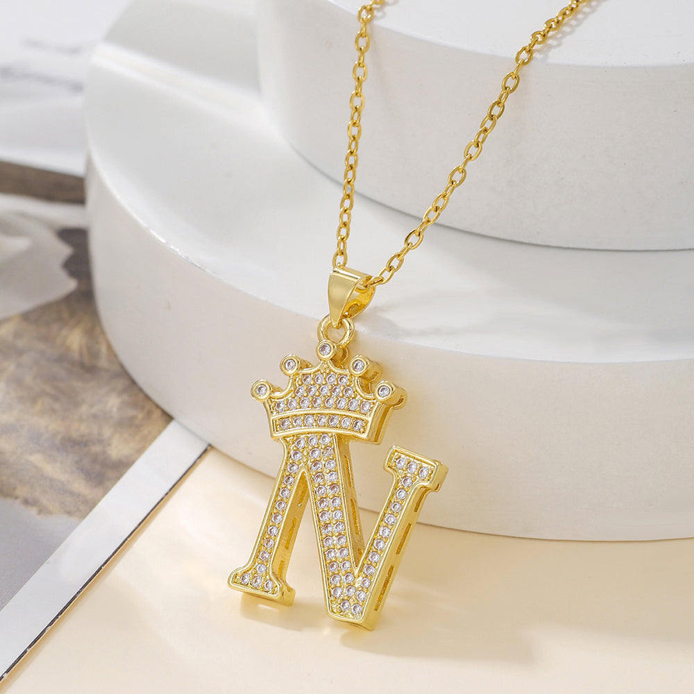 Gold Crown Initial Letter Pendant Necklace – Zircon A–Z Alphabet Jewelry