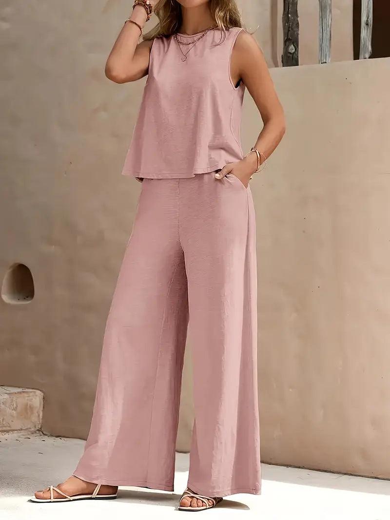 Women's Sleeveless Two Piece Suit – Casual Loose Top & Wide Leg Trousers Set