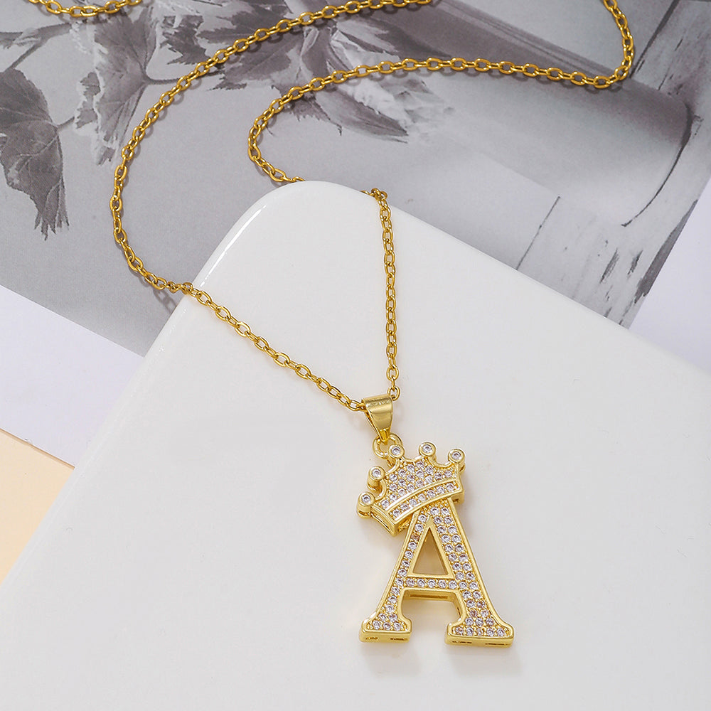 Gold Crown Initial Letter Pendant Necklace – Zircon A–Z Alphabet Jewelry