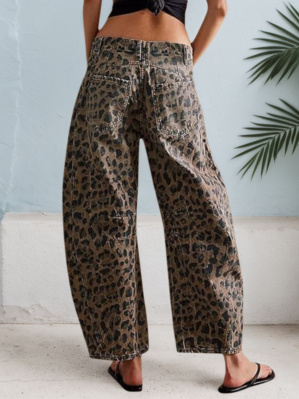 Women's Leopard Print Curved Cut Mid-Waist Jeans Zipper Closure – Brown – Front View | AdriaPulse