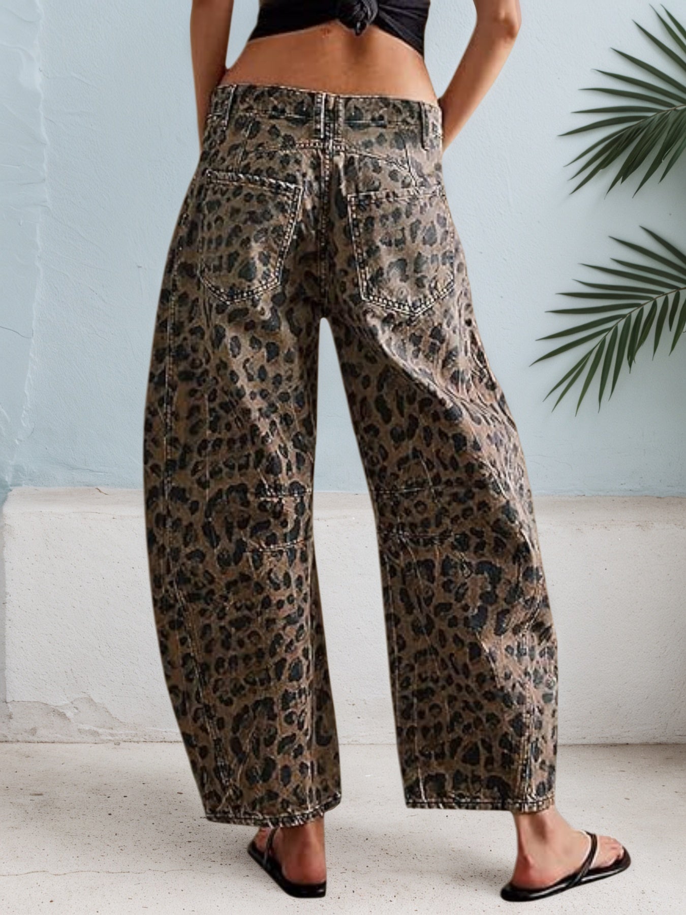 Women's Leopard Print Curved Cut Mid-Waist Jeans Zipper Closure – Brown – Front View | AdriaPulse