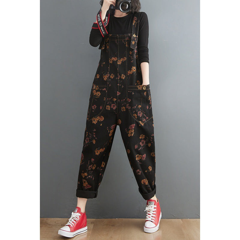 Women's slim-fit black water-washed denim suspender overalls with print detail, urban casual summer style – AdriaPulse"