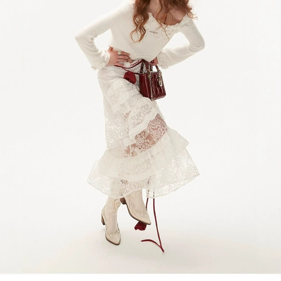 Y2K Retro Lace Tiered Skirt – American Style Patchwork Midi Skirt
