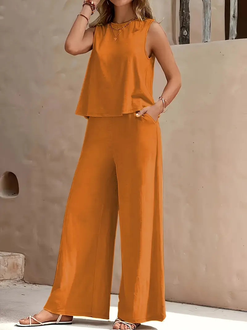 Women's Sleeveless Two Piece Suit – Casual Loose Top & Wide Leg Trousers Set
