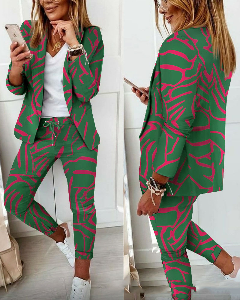 Multicolor Print Casual Suit Commuter Blazer Pants Set