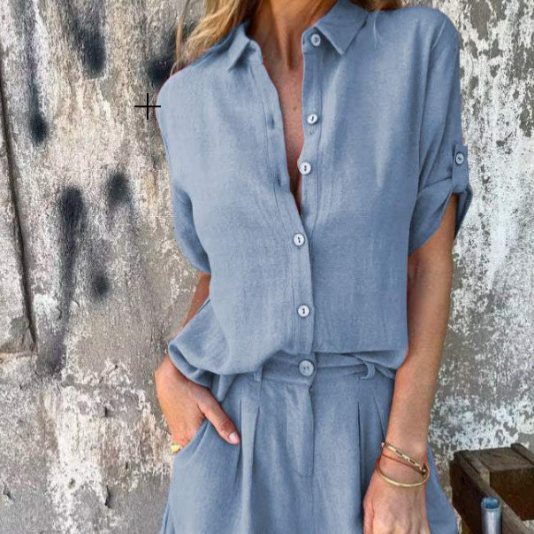 Women's Linen Short Sleeve Shirt & Shorts Two-Piece Suit – AdriaPulse