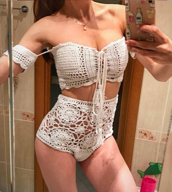 Gestricktes schulterfreies Bandeau-Bikini-Set | High-Waist-Bandage-Badeanzug für Damen – S bis L