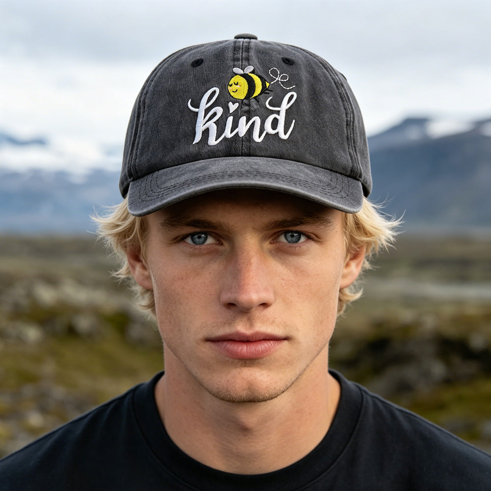Bee Kind Embroidered Baseball Cap – Washed Cotton Low-Profile Hat for Women & Men