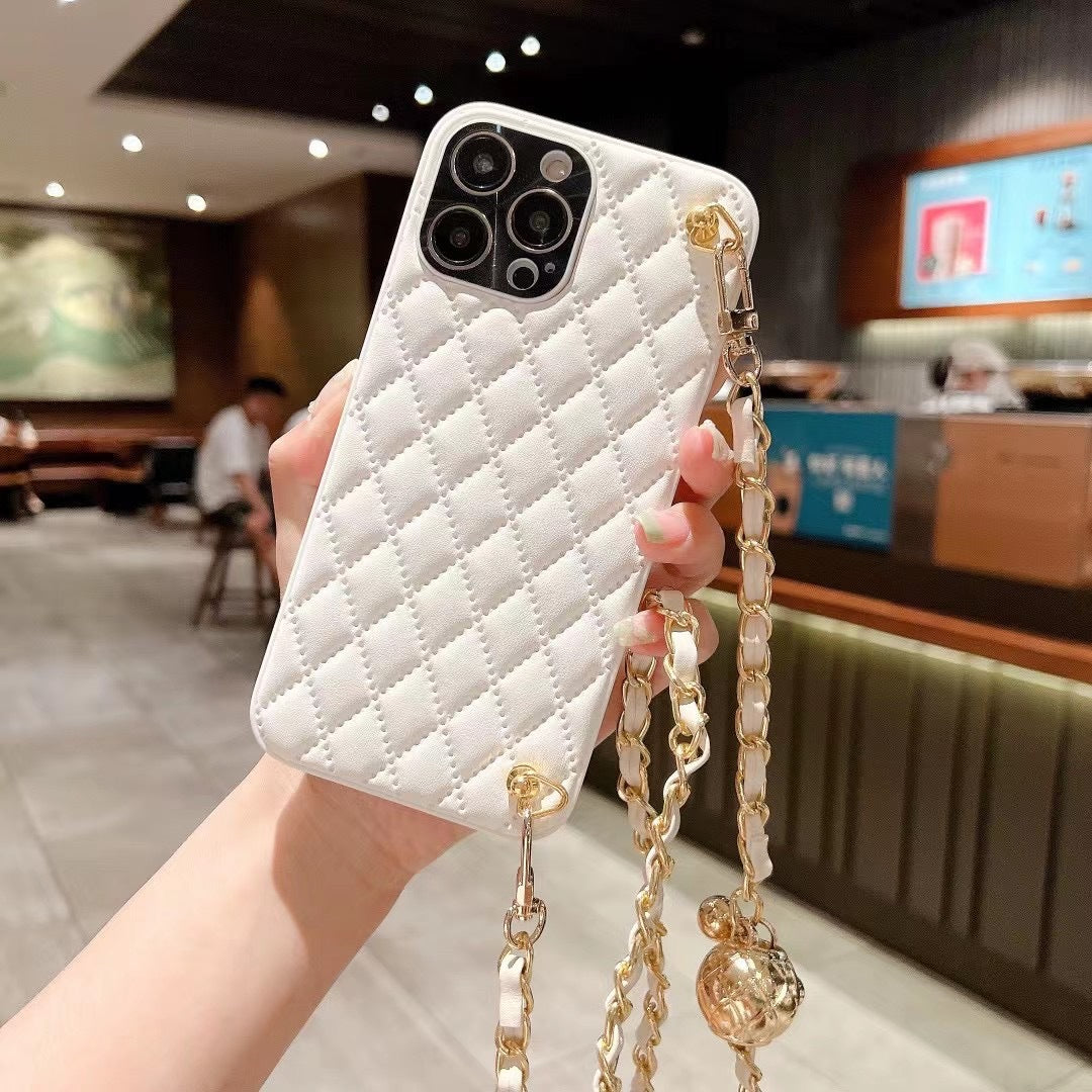 Diamond Plaid Crossbody iPhone Case – Faux Leather Wallet Case with Chain Strap