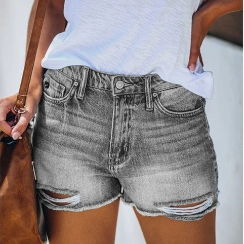 Women's Ripped Fringe Denim Shorts Summer Hole Jeans in Grey – AdriaPulse