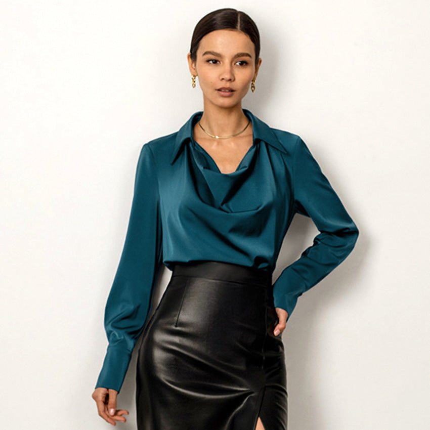 Collared Long Sleeve Solid Color Blouse Women Casual Business Top AdriaPulse
