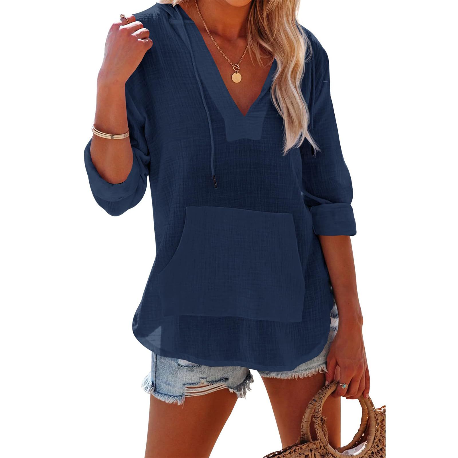 Women's V-Neck Hooded Long Sleeve Shirt with Pockets – Cotton Loose Top