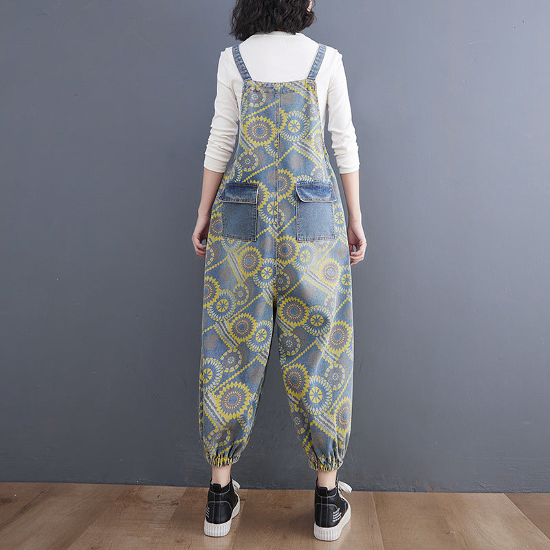 Women's slim-fit high waist printed denim overalls with suspender straps in blue, urban casual spring style – AdriaPulse"