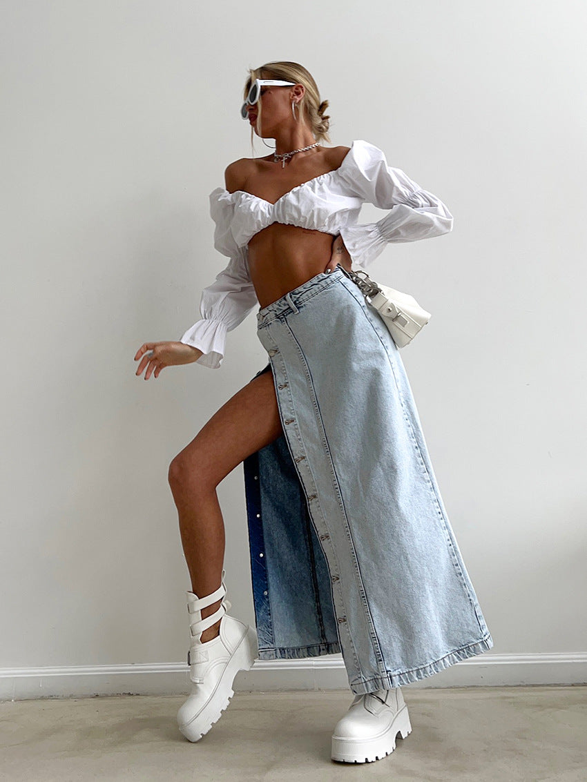 "Women's retro A-line washed denim maxi skirt with distressed detail in blue, elegant long jean skirt – AdriaPulse"