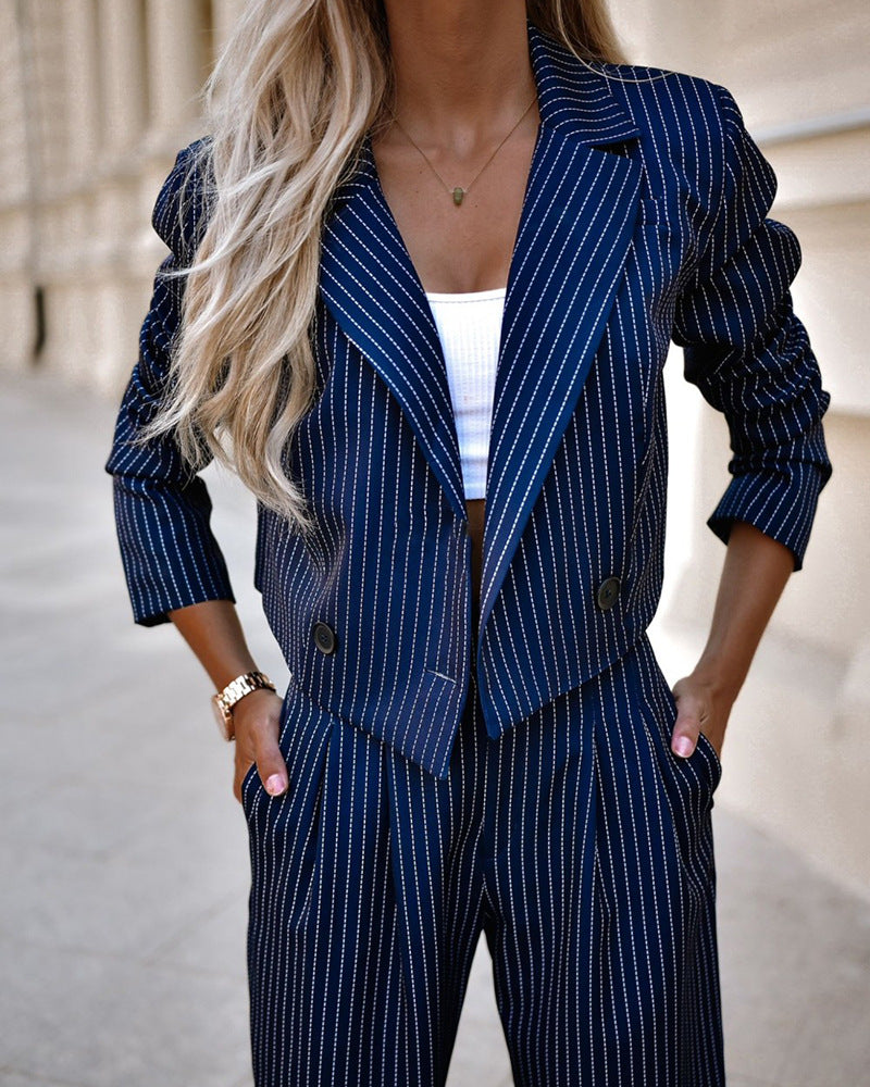 Women's Striped Two Piece Suit – Lapel Cropped Top & Straight Pants