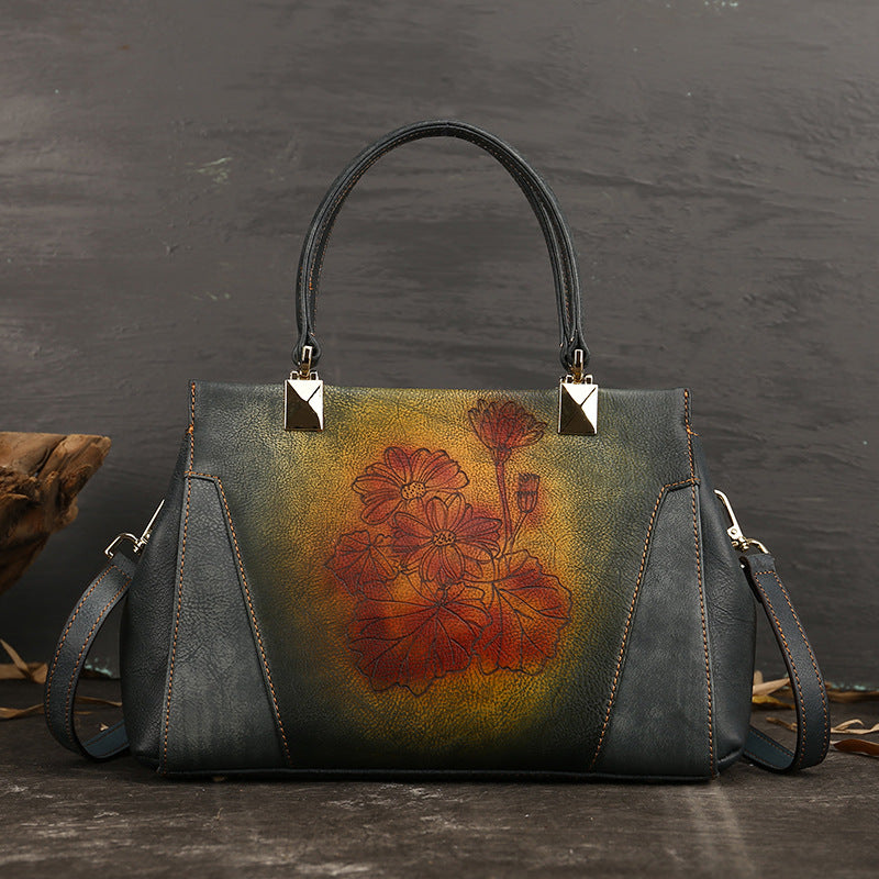 Sac carré en cuir véritable de vachette pour femme – Sac à main rétro en cuir floral
