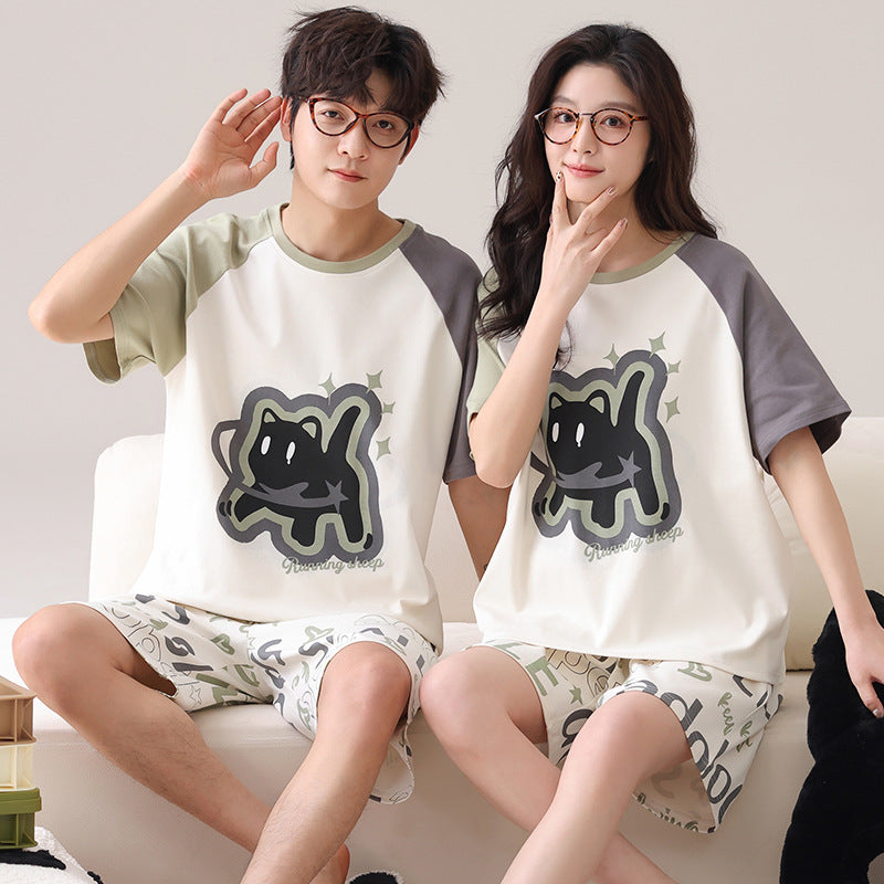 Couples Matching Cotton Pajama Set – Loose Short Sleeve & Shorts Loungewear – AdriaPulse"