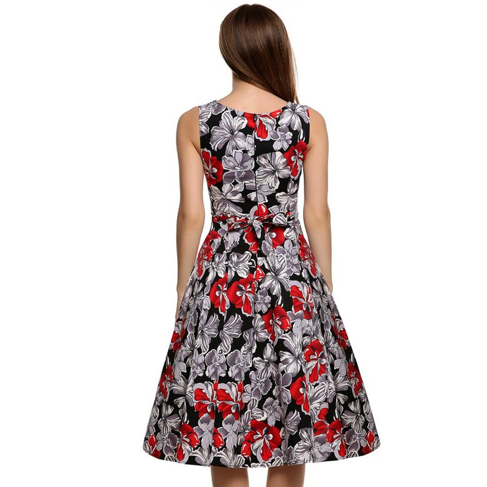 Robe midi sans manches imprimée floral pour femme – Mélange de coton, coupe princesse