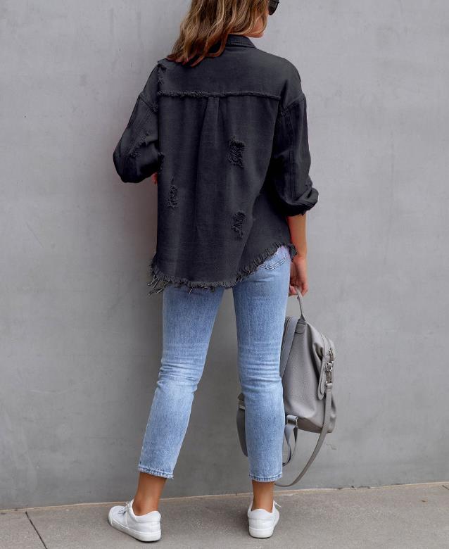 Women's Oversized Frayed Denim Shacket – Ripped Distressed Jean Jacket
