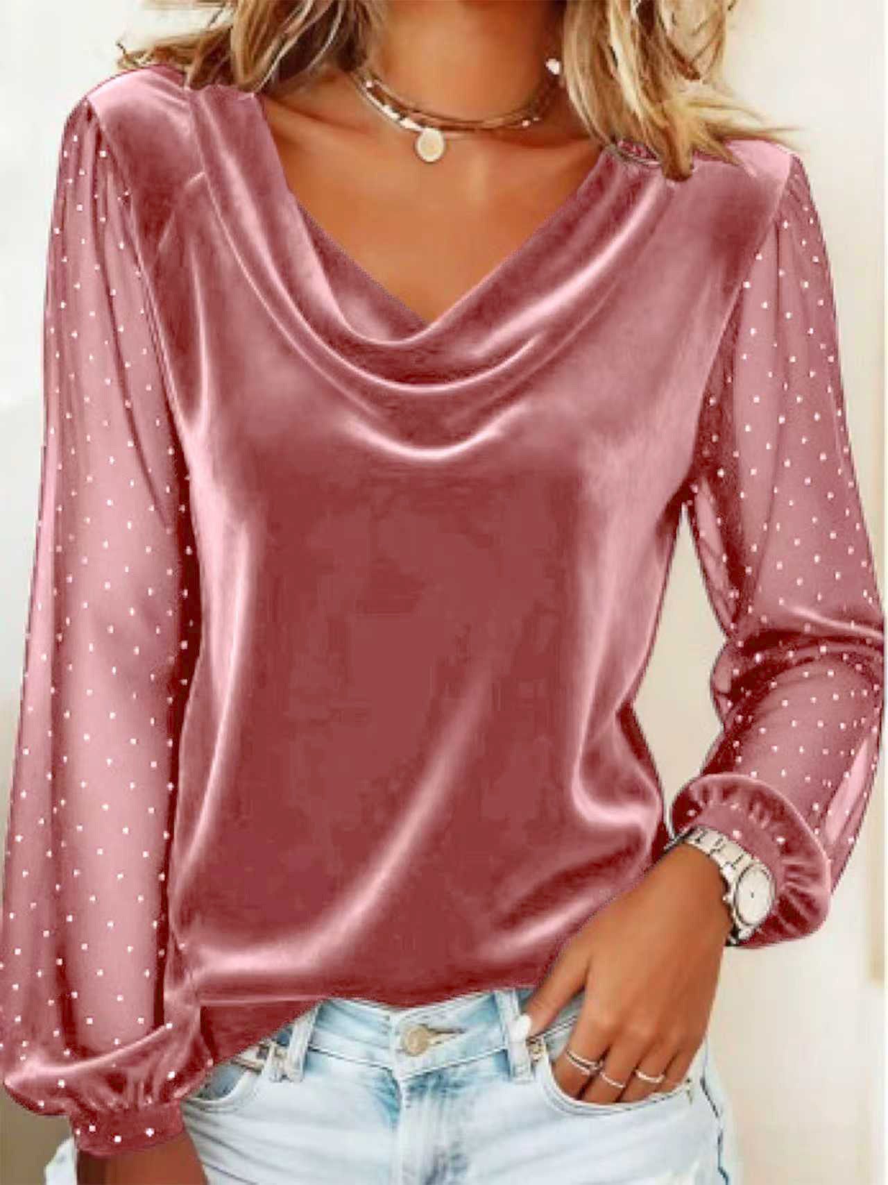 Women's Velvet V-Neck Long Sleeve Top | Rhinestone Mesh Elegant Tee