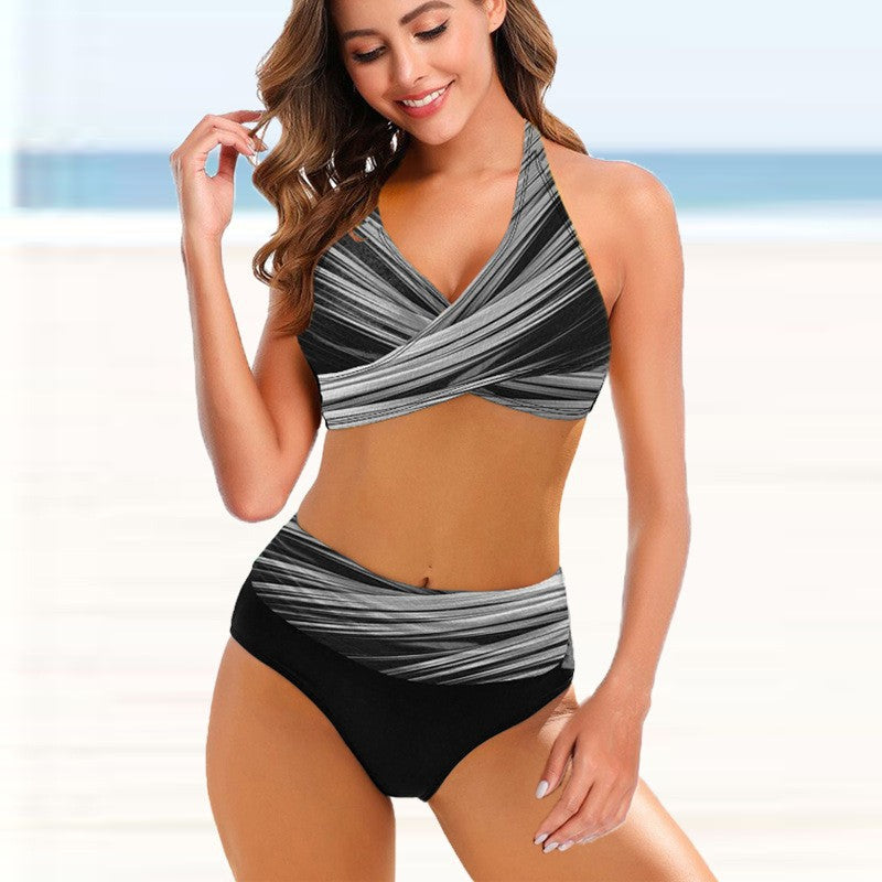 Striped Tie-Dye Hollow Bikini – High Waist Open Back Swimsuit