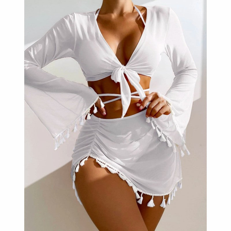 Women's 4-Piece Bikini Set with Cover-Up, Skirt & Bow Tie | AdriaPulse