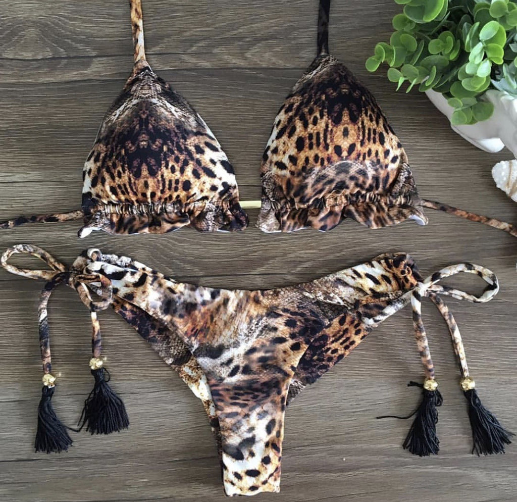 Totenkopf-Leopardmuster Split-Bikini – Damen-Bademode aus Polyester