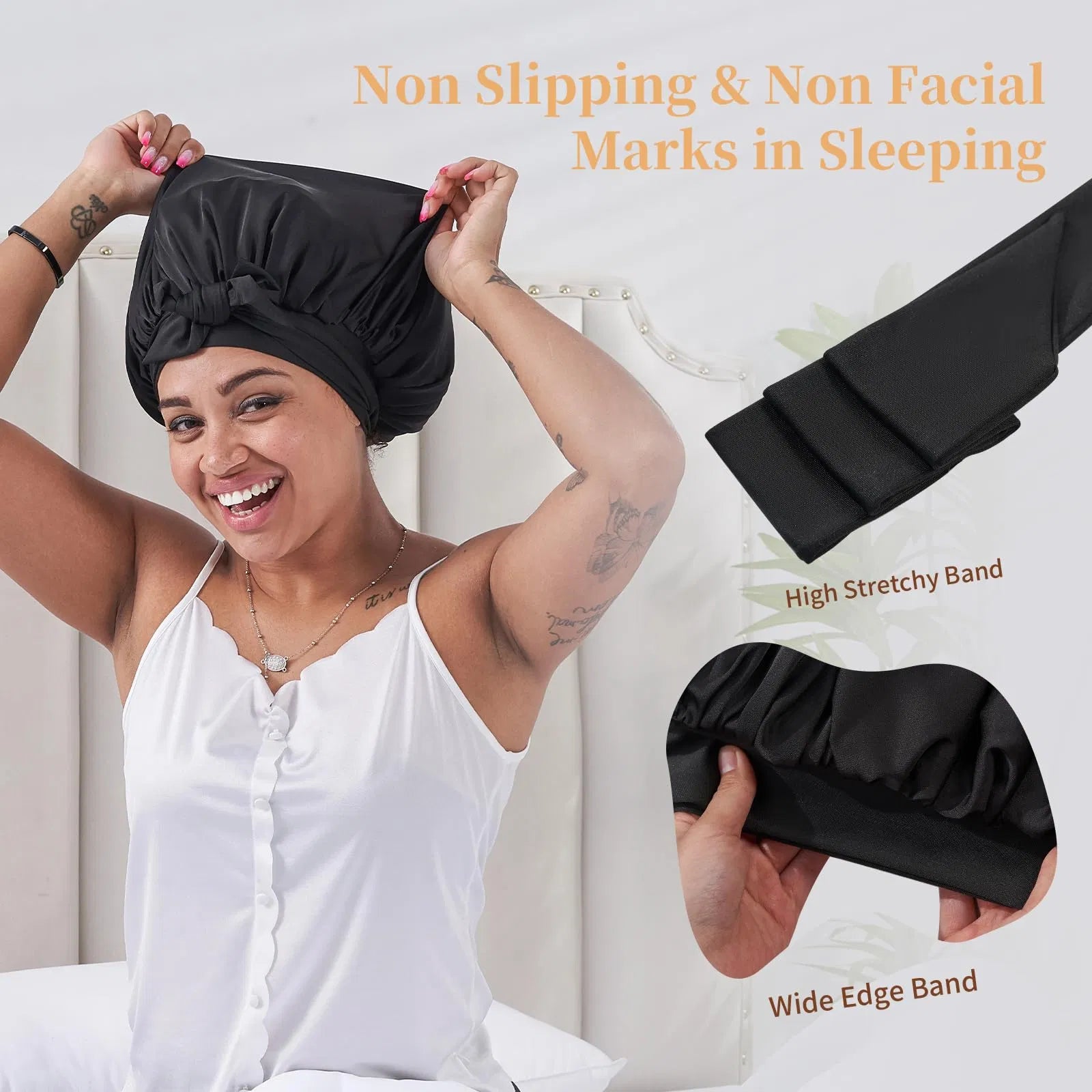 Schlafhaube aus Seide für Damen, Schlafhaube aus Satin für gewelltes lockiges Naturhaar, Damen und Herren – Schwarz