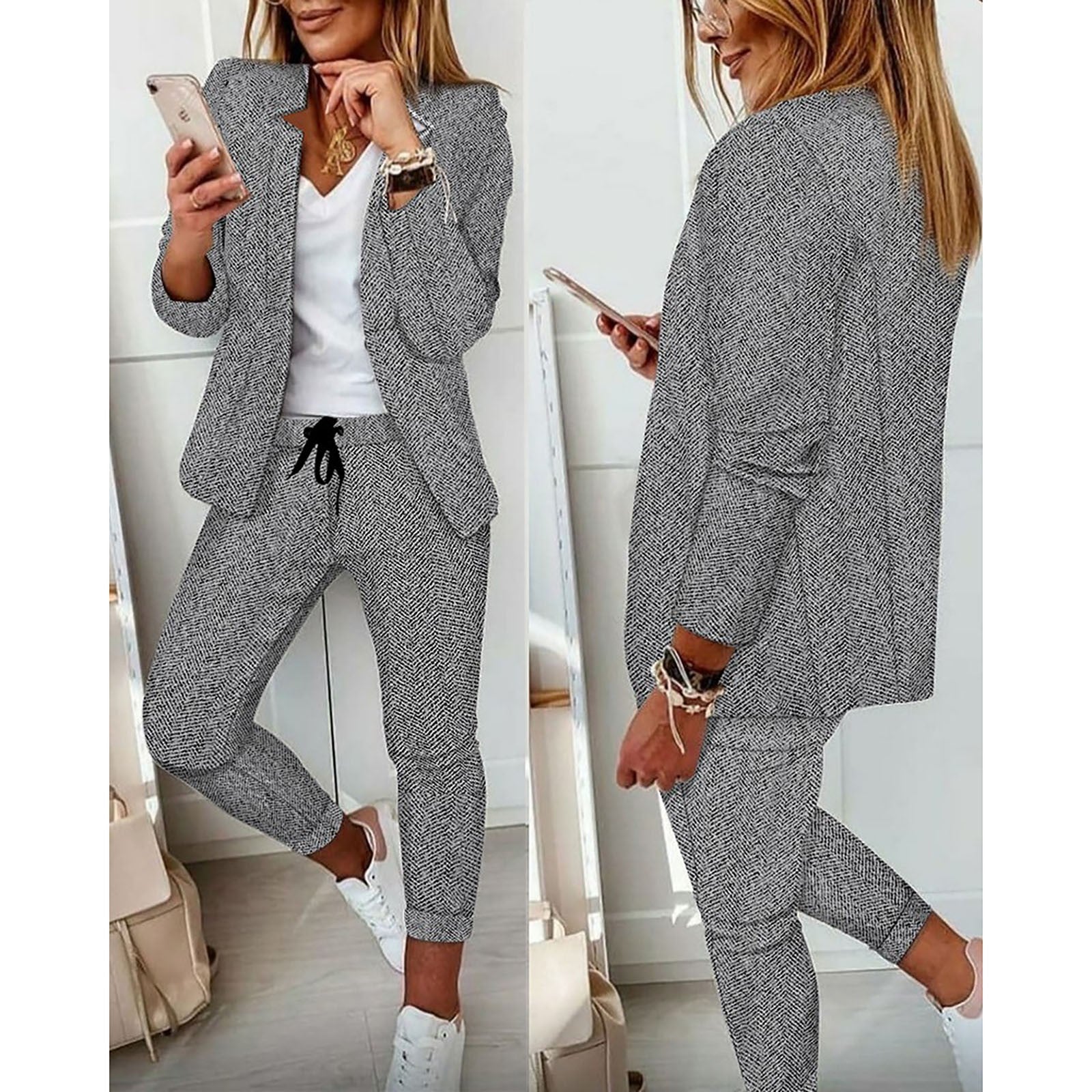 Multicolor Print Casual Suit Commuter Blazer Pants Set