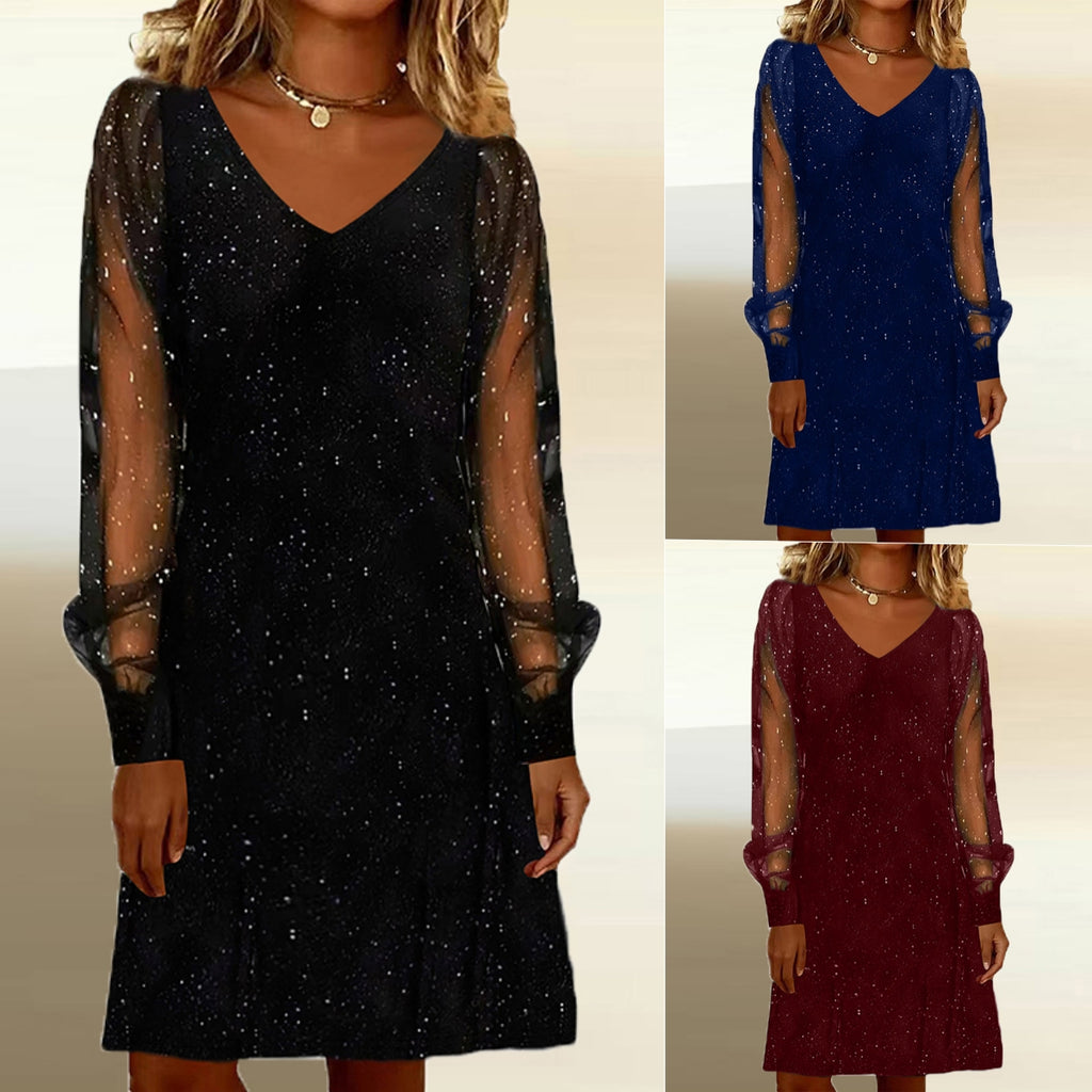 V-Neck Mesh Sleeve Mini Dress | Women's Shiny Party Dress – Autumn Winter Evening