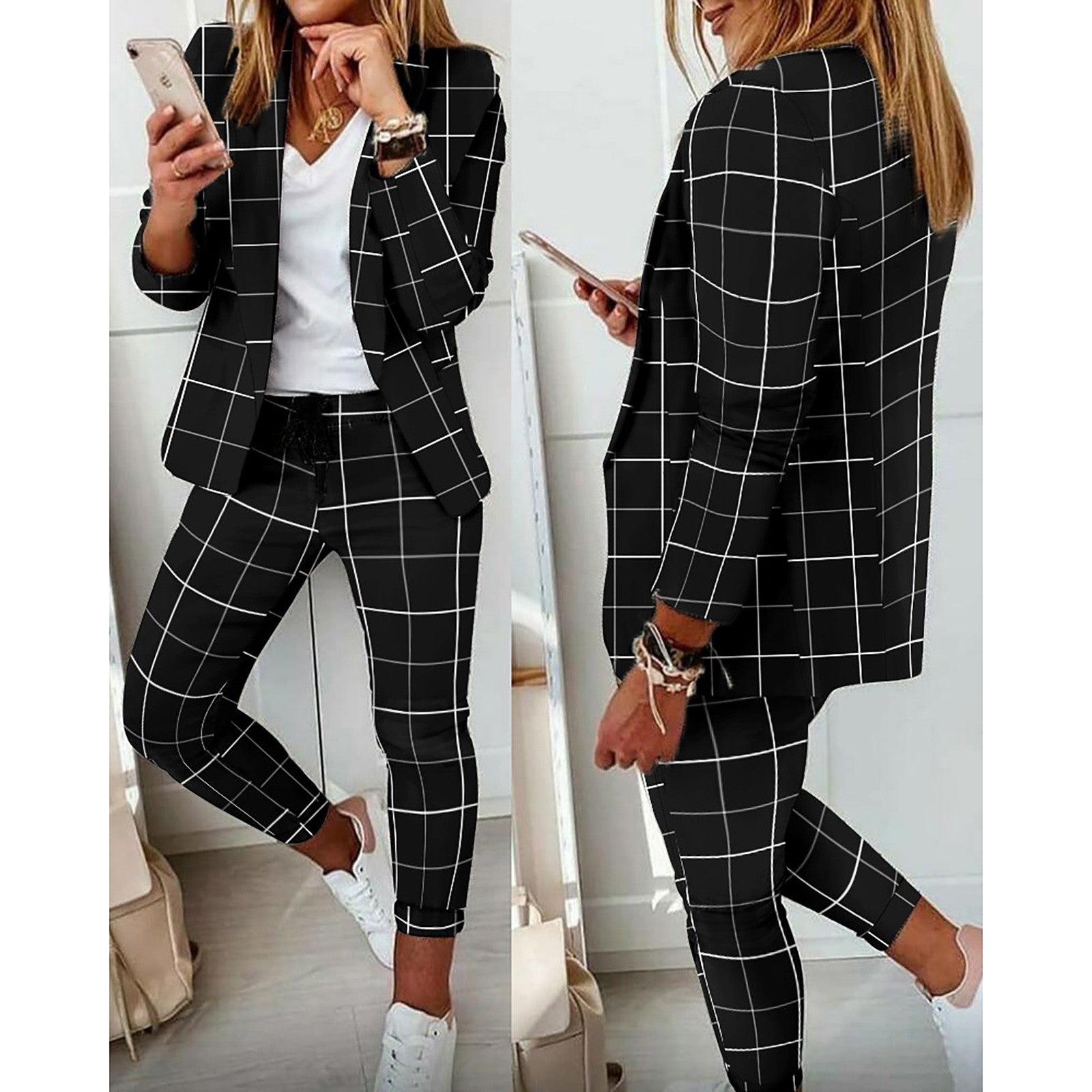 Multicolor Print Casual Suit Commuter Blazer Pants Set