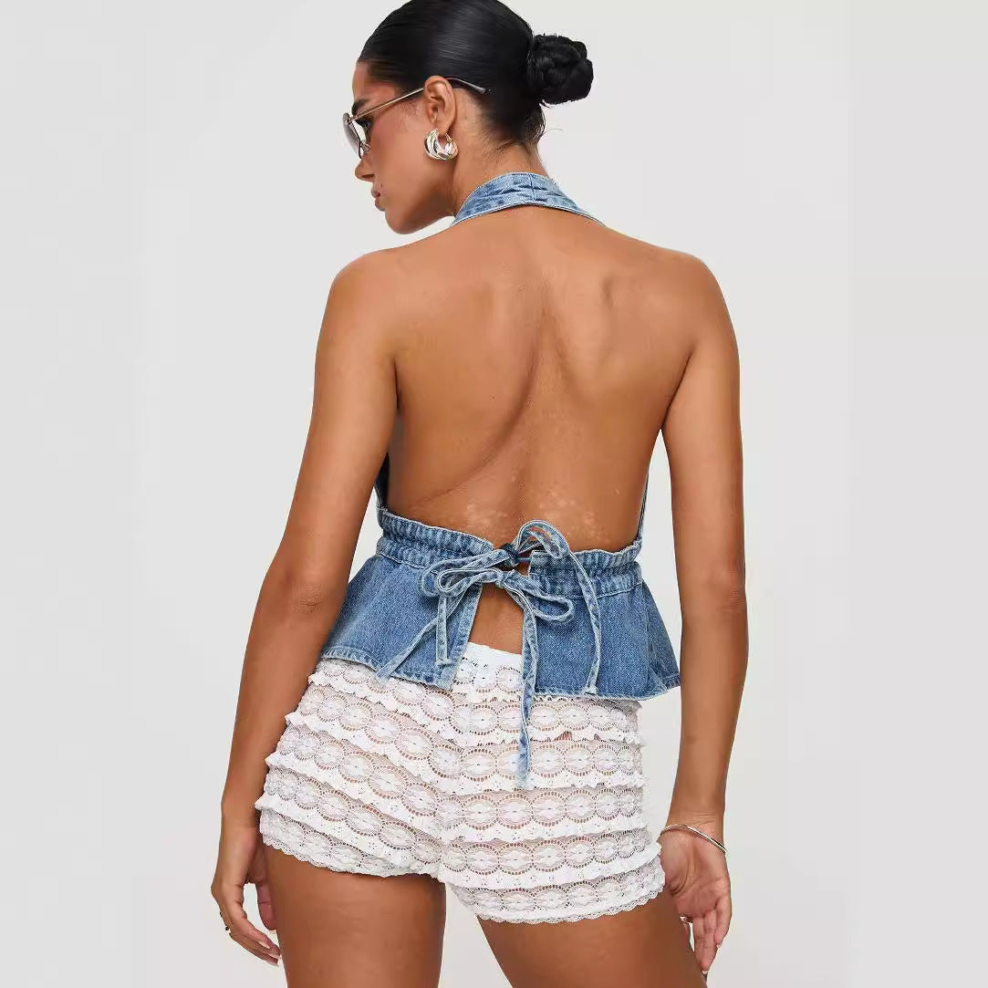 Washed Denim Halter Lace-Up Backless Top | AdriaPulse