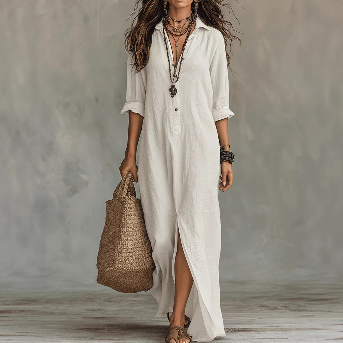 Women's Long Sleeve Maxi Dress Casual A-Line Side Slit Beach Dress – AdriaPulse" eklendi