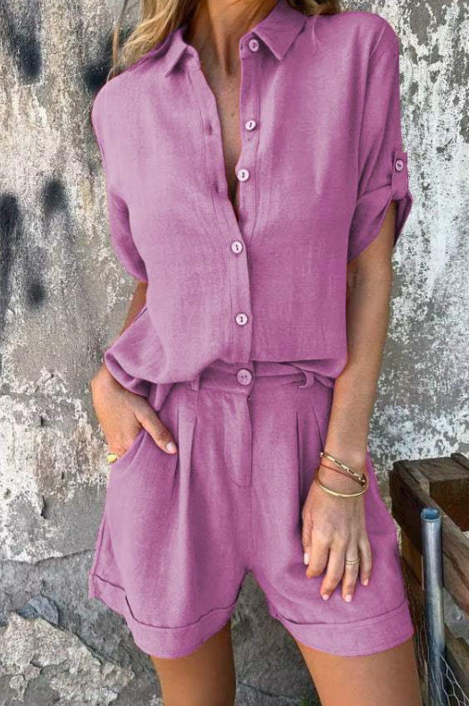 Women's Linen Short Sleeve Shirt & Shorts Two-Piece Suit – AdriaPulse