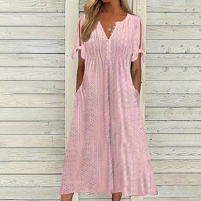 Women's Eyelet V-Neck Maxi Dress Short Sleeve Flowy A-Line Summer Beach Dress Color A Front View – AdriaPulse