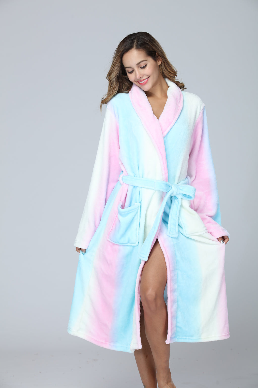 RONGTAI Peignoir Long en Polaire Peluche pour Femmes, Robe de Nuit Épaisse à Capuche avec Poches, Vêtements de Nuit Doux pour Hommes
