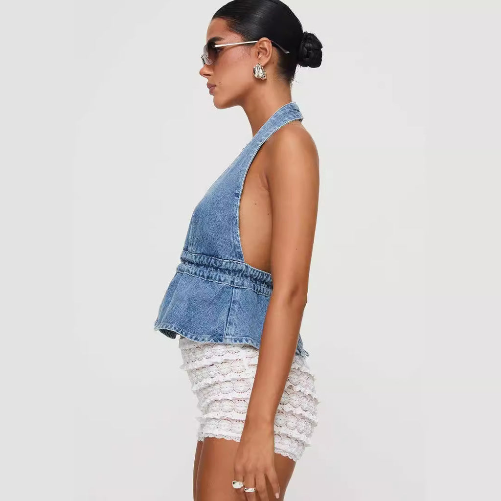 Washed Denim Halter Lace-Up Backless Top | AdriaPulse