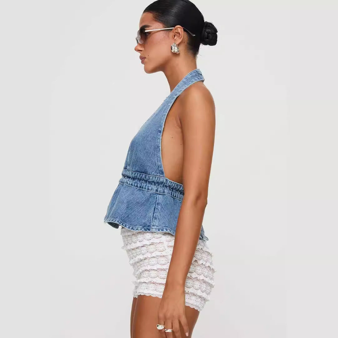 Washed Denim Halter Lace-Up Backless Top | AdriaPulse