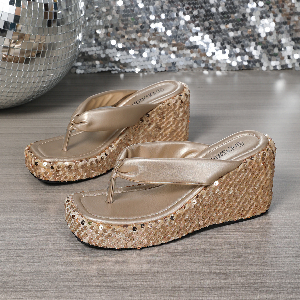 Women's Sequin Wedge Platform Flip-Flops – Shiny Height-Increasing Beach Sandals