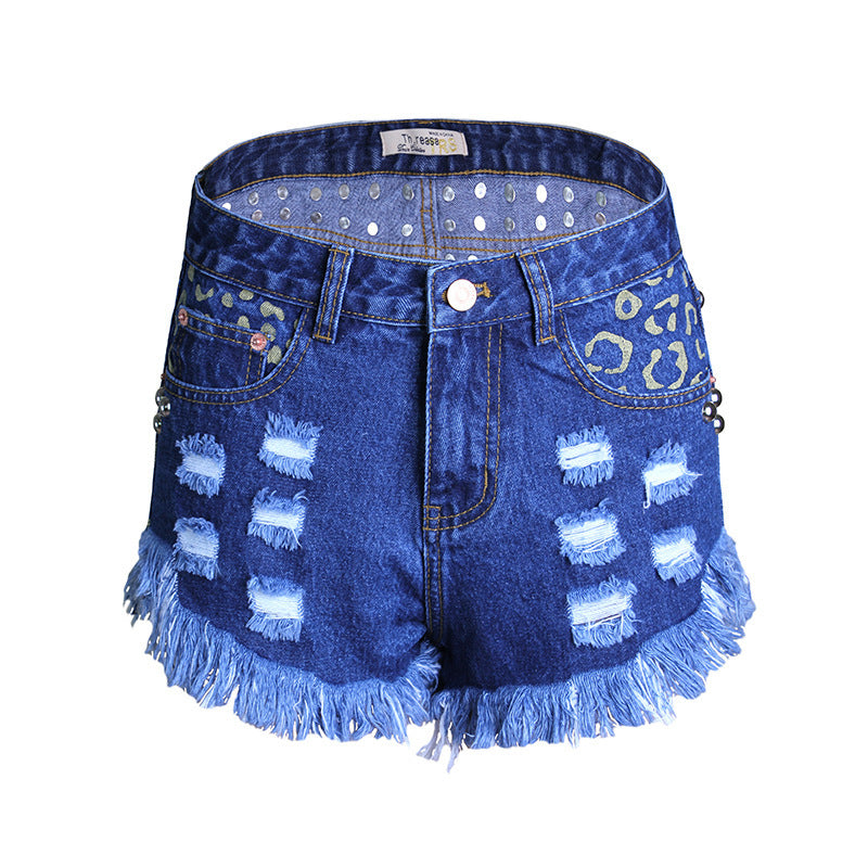 Women's Ripped Loose High Waist Rivet Denim Shorts – Wide Leg Dark Blue | S–3XL