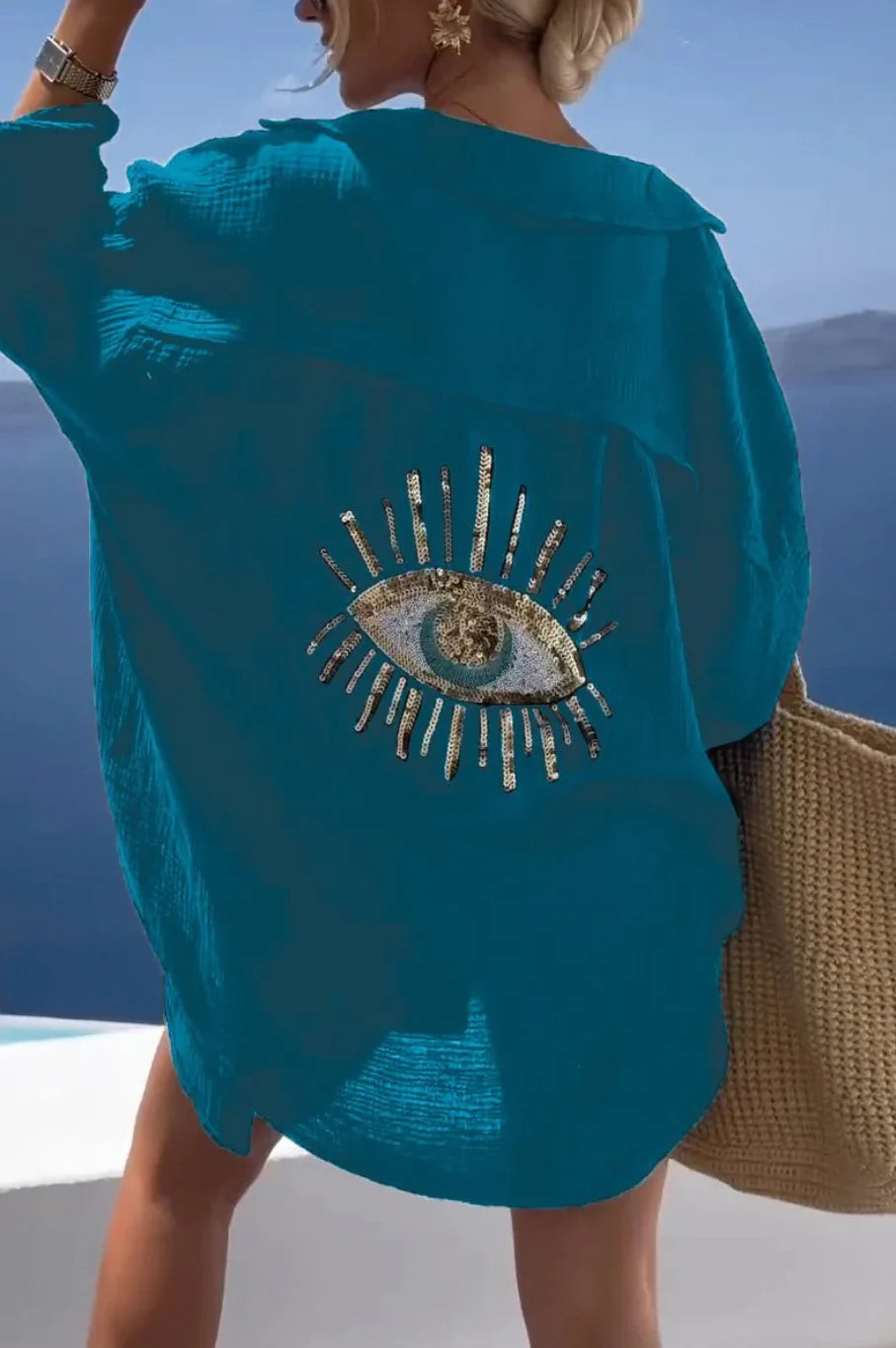 Spring Summer Fashiona Sequin Eye Shirt Dresses 2024 Women Casual Beach Style Loose Button Sun Protection Shirt Dress