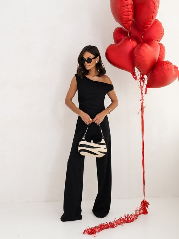 Women's Elegant Falling Strap Jumpsuit High Waist Side Zipper Romper – Black – Front View | AdriaPulse