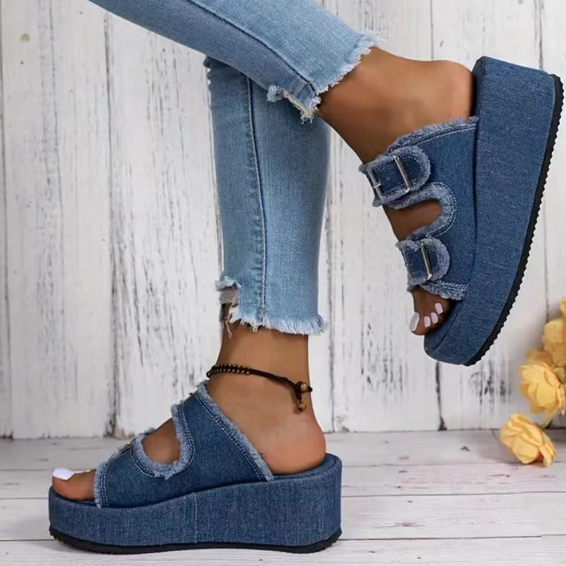 Women's Denim Buckle Wedge Sandals Thick Sole – | AdriaPulse