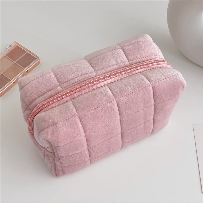 Plush Makeup Bag – Cute Checkered Cosmetic Bag Set of 3 for Women | Pink, Blue & White